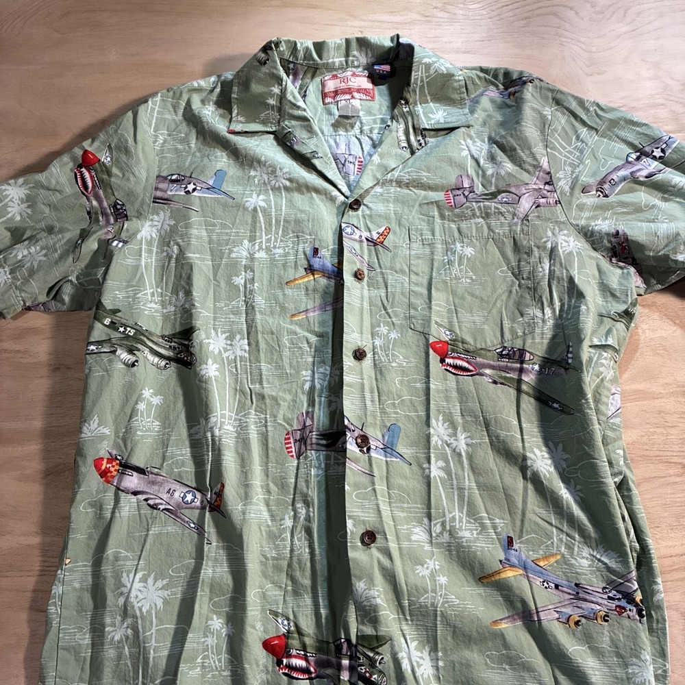 VTG RJC Made in Hawaii USA 100% Cotton Aviation WWII Camp Shirt Airplane XL
